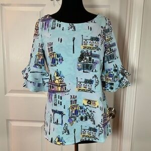 Pappagallo Blue City Print Bell Ruffle Short Sleeves Top Size Medium